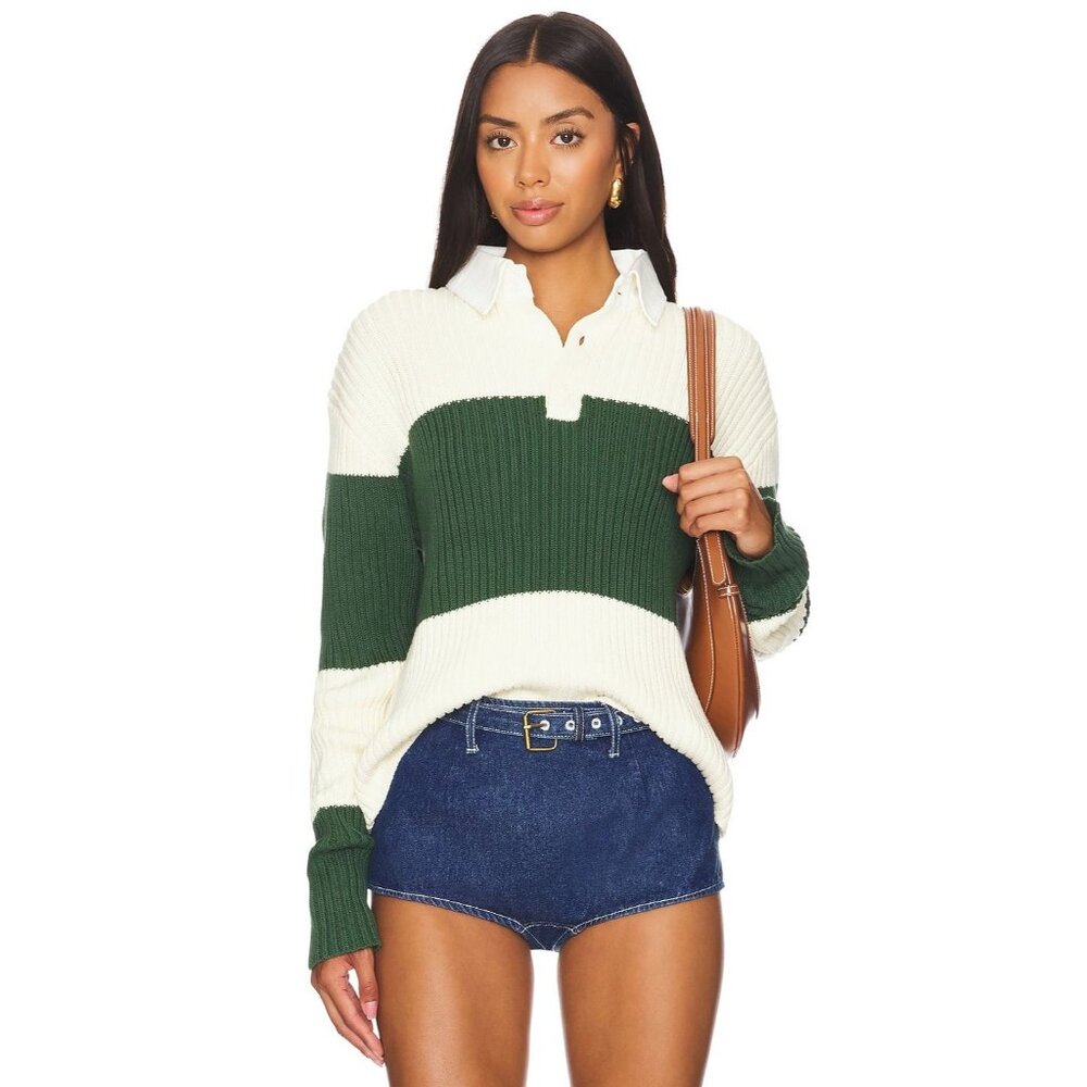 đŠNWOT | LIONESS 100% Cotton Cream & Green L/S Rugby Sweater w/ Collar | Size S - Picture 7 of 8